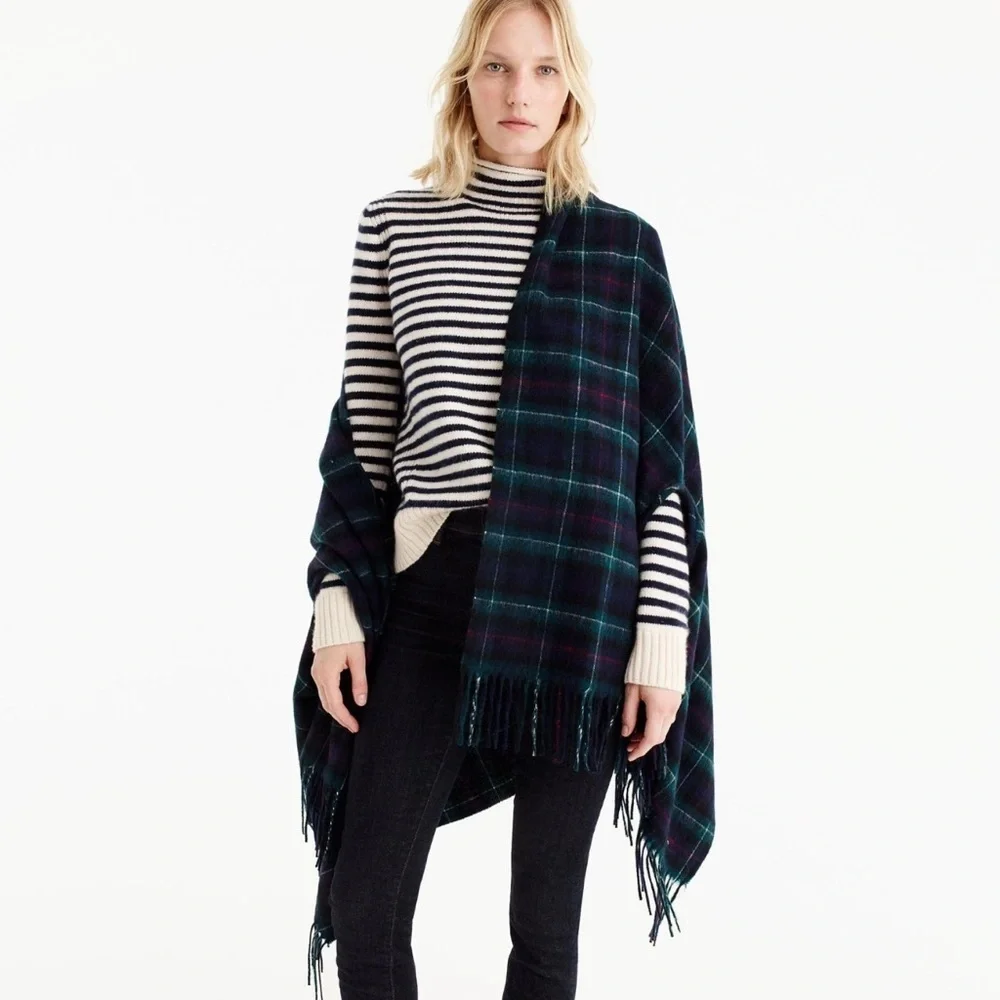 J.Crew Plaid Cape Scarf Navy Green Classic Tartan Check